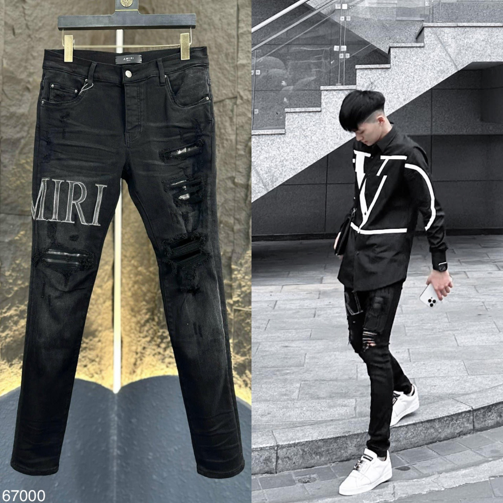 Quần Jean Skinny Amiri Nam Likeauth Wash Đen Mài Thêu Chữ Đùi Phối Rách Xù Vá Da Đen Mix Túi Sau Da Siêu Chất
