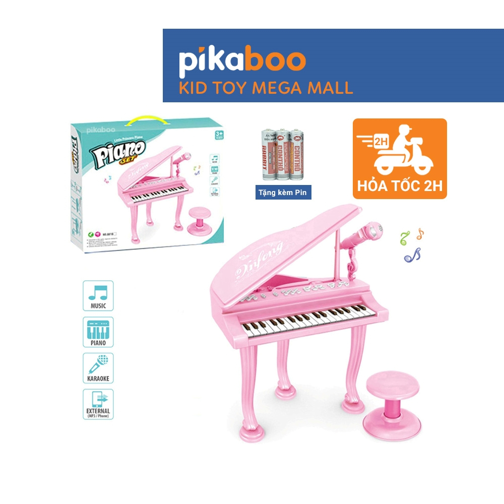 Đàn Piano cho bé màu hồng cao cấp Pikaboo cỡ to đại có ghế ngồi kèm micro chuẩn âm thanh