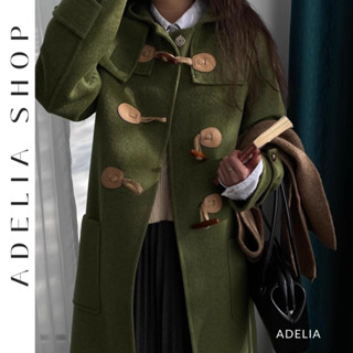 「ADELIA」Áo Khoác Dạ Ép Lông Cừu Màu Xanh Cổ Bẻ Phối Khuy Sừng Hàng Quảng Châu TD287