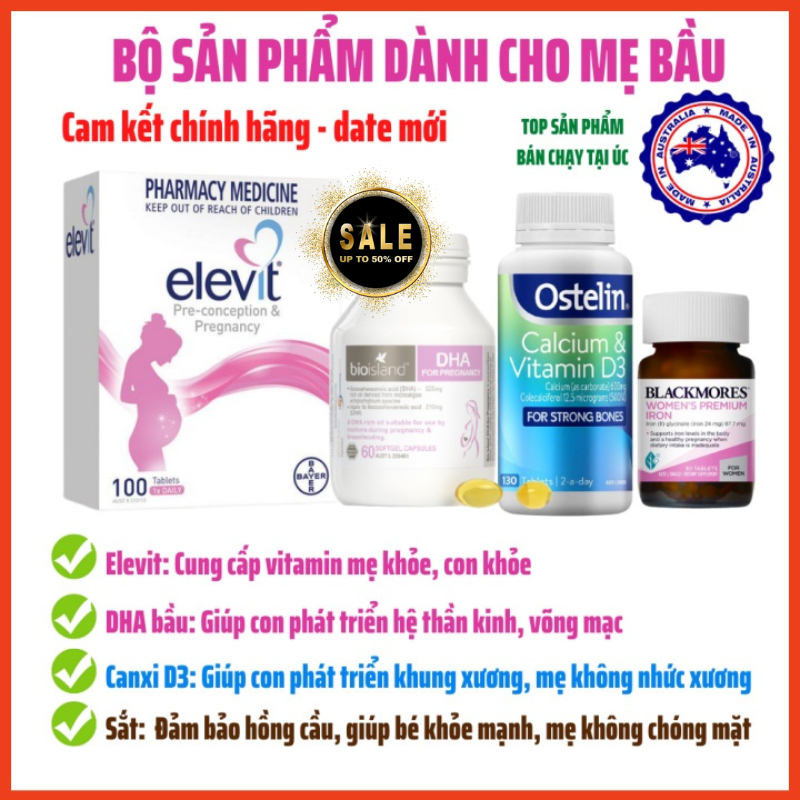 COMBO BẦU ÚC - BỘ TỨ VITAMIN ÚC DÀNH CHO BÀ BẦU Elevit bầu, Canxi Ostelin