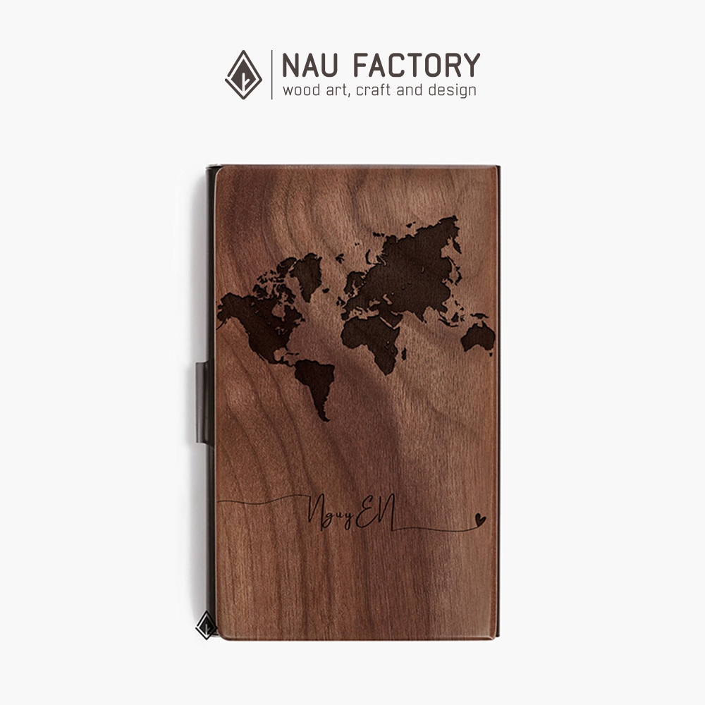Hộp Name Card cao cấp NAU FACTORY khắc tên theo yêu cầu - Hộp đựng danh thiếp, card visit gỗ Walnut khung inox