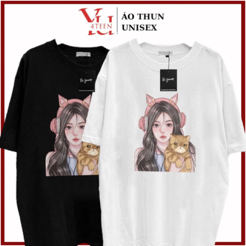 Áo Thun PHÔNG NAM NỮ UNISEX in Decal CÔ GÁI MÈO GIRL CAT - Hình chụp thật (Đủ size M-L-XL-XXL BIGSIZE)