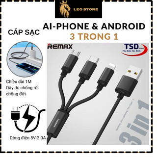 Cáp sạc nhanh remax 3 đầu đa năng 3 in 1, cáp sạc 3 trong 1 lighting- micro usb- type c