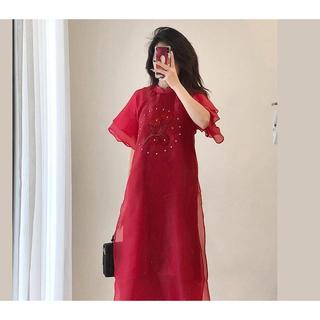 Bộ áo dài tết thêu hoa cộc tay phối voan nhiều lớp - Set đồ tết may sẵn dáng suông mặc đi chơi lễ kiểu dáng đẹp