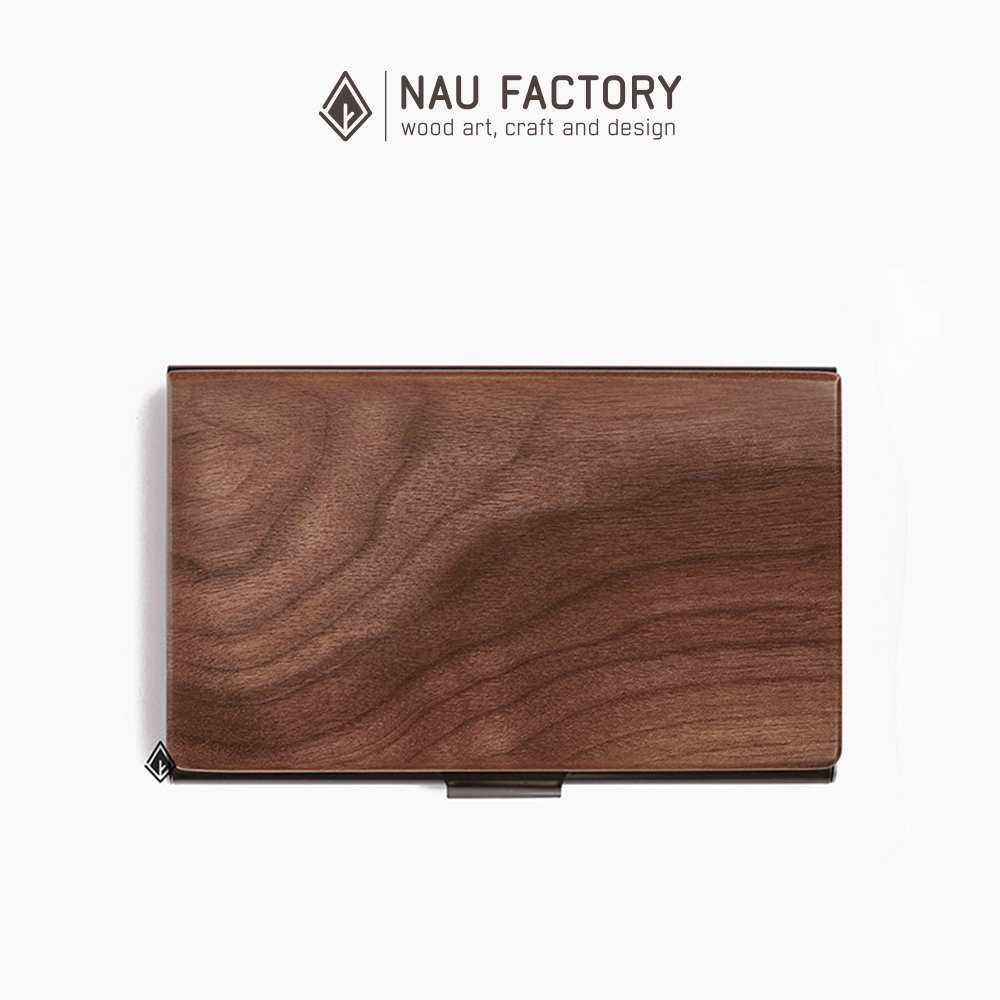 Hộp Name Card cao cấp NAU FACTORY - Hộp đựng danh thiếp, card visit gỗ Walnut khung inox