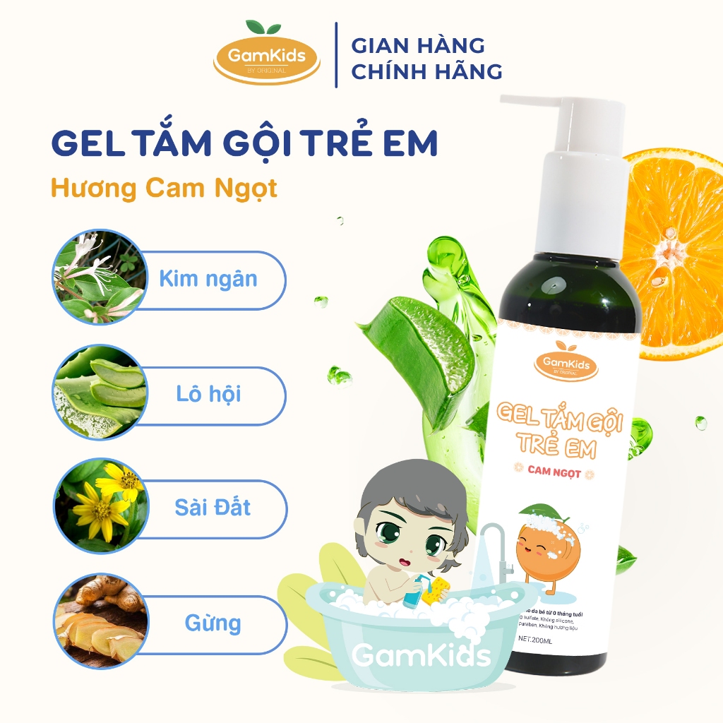 Combo Gel Tắm Gội Hương Cam Ngọt 200ml + Sáp Giữ Ấm Gamkids Cho Bé 15g