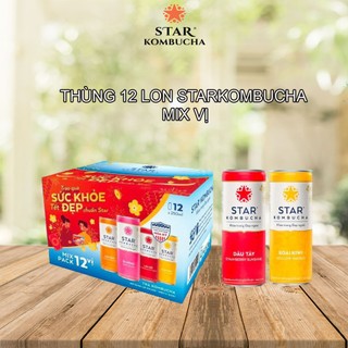 Thùng 12 lon mix vị trà STAR KOMBUCHA  lên men vi sinh chứa probiotics giúp bảo vệ sức khoẻ (250ml/lon)