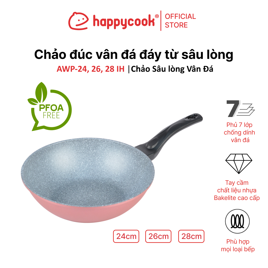 CHẢO ĐÚC VÂN ĐÁ ĐÁY TỪ SÂU LÒNG CHỐNG DÍNH AURA 24, 26, 28CM, HAPPYCOOK