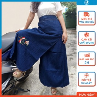 Váy chống nắng jean cao cấp cho nữ kiểu dáng xẻ tà vải jean dày thêu Chuồn chuồn JHTX02 H&T FASHION