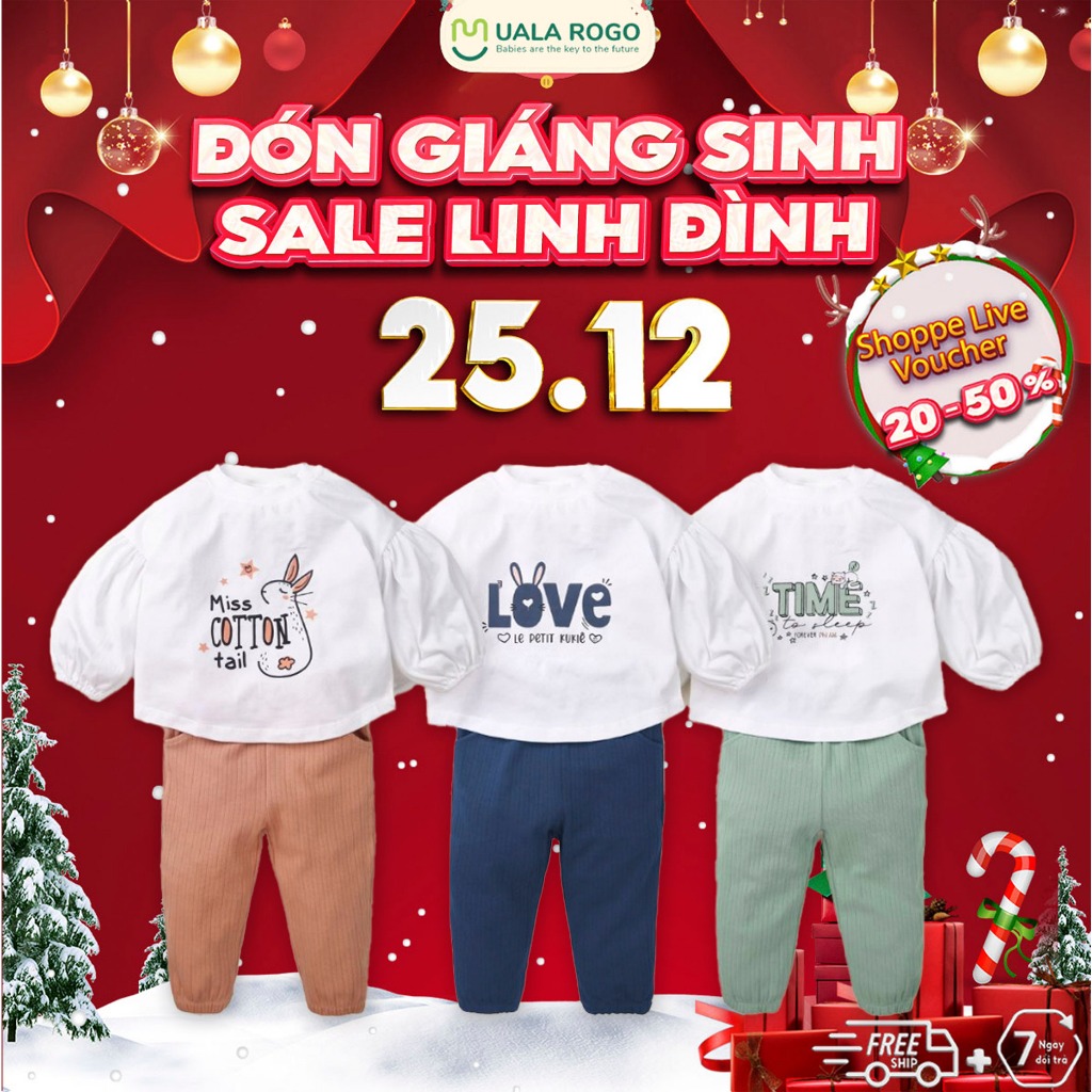 Bộ dài tay cho bé Ualarogo 1-5 tuổi cài vai vải Cotton nỉ mềm mại ấm áp thoáng khí 3660