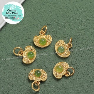 Thỏi vàng đính ngọ.c bích viền bạc 925 - charm phụ kiện xâu, mix vòng tay phong thủy may mắn nam, nữ