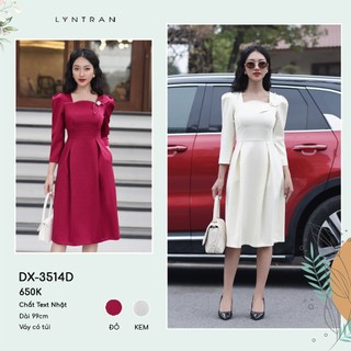 Đầm xoè nữ dự tiệc đính hoa ngực, váy xòe cổ vuông LYNTRAN vai bồng tay lỡ DX-3514D