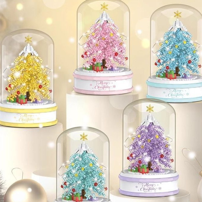 Khối đồ chơi tự làm,hộp nhạc cây thông Noel Mô hình kết hợp tay,giáng sinh tặng kèm đèn led,xoay 360 độ