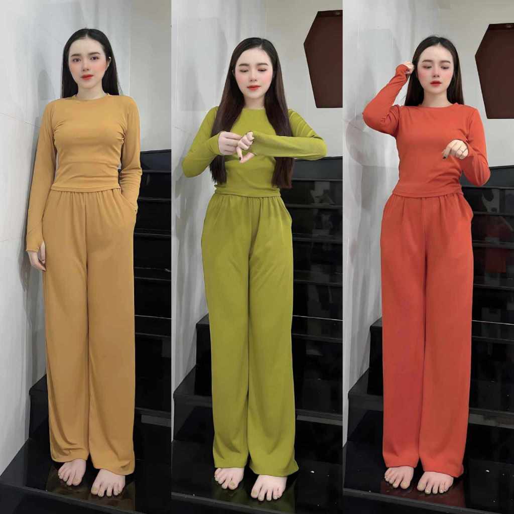 Đồ bộ nữ, set đồ bộ quần ống rộng có túi và áo dài tay xỏ ngón, quần áo nữ, ủ kem