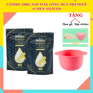 Combo 200g sáp wax lông sáp dừa premier +chén silicon - tặng que gỗ +sáp sticker - sáp thơm, wax sạch lông tơ, lông cứng