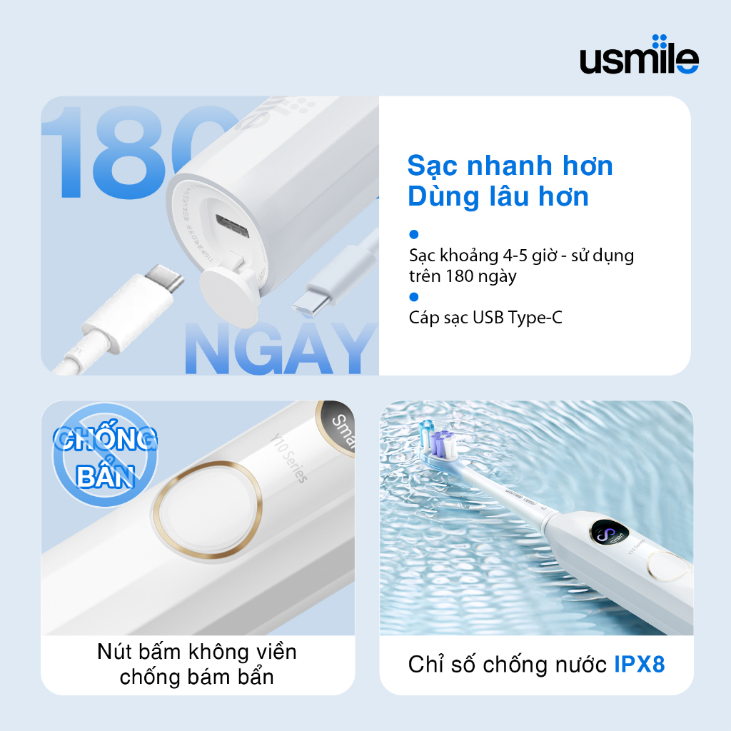 Bàn Chải Điện Sóng Siêu Âm Usmile Y10 4 Chế Độ Làm Sạch | Hàng Chính Hãng | Bảo Hành 12T | Mimax Store