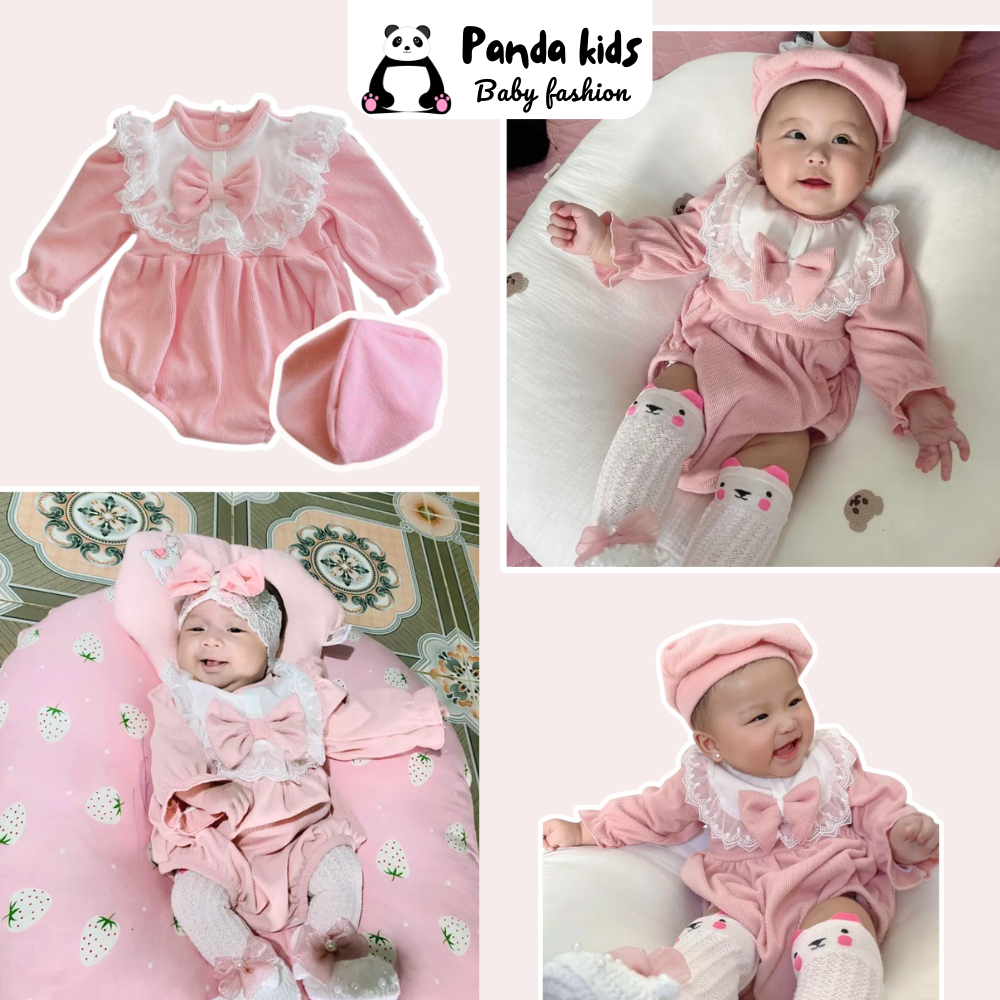 Áo liền quần dài tay hồng xinh kèm mũ tròn, bodysuit nhung tăm gạo cho bé gái sơ sinh từ 4-11kg, hàng đẹp QC cao cấp