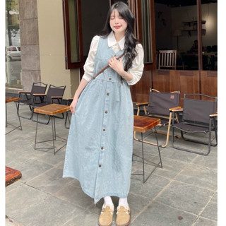 Set Đầm Nữ Yếm Jean Bò mềm Mại Babydoll Suông Dáng Dài Cài Khuy Xinh Xắn Mix Áo Sơ Mi Trắng Basic Nữ Tính, Dễ Thương