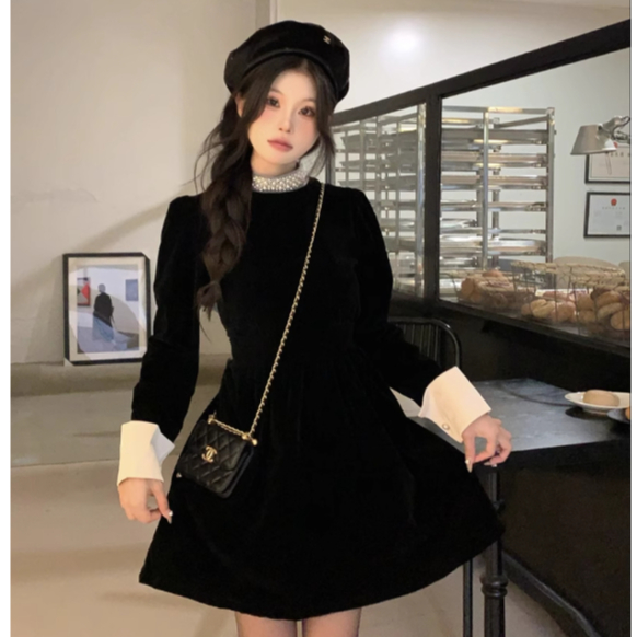 Đầm Nhung Đen Nữ Cổ Tròn ĐÍnh Đá Kết Tay Dài Trắng Cài Khuy Tiểu Thư Style Hàn Quốc Nhẹ Nhàng, Trẻ Trung Thanh Lịch Hot