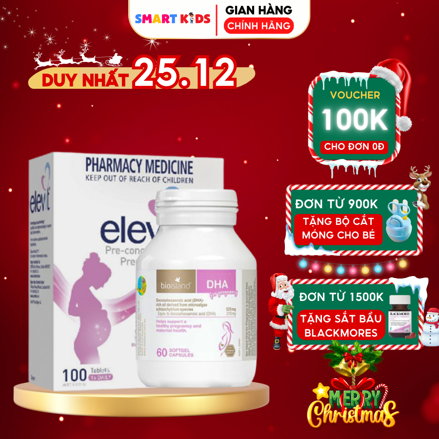 Combo bổ sung DHA Bioisland, Elevit vitamin tổng hợp giúp mẹ khoẻ bé thông minh, cho mẹ bầu từ 0 đến 3 tháng