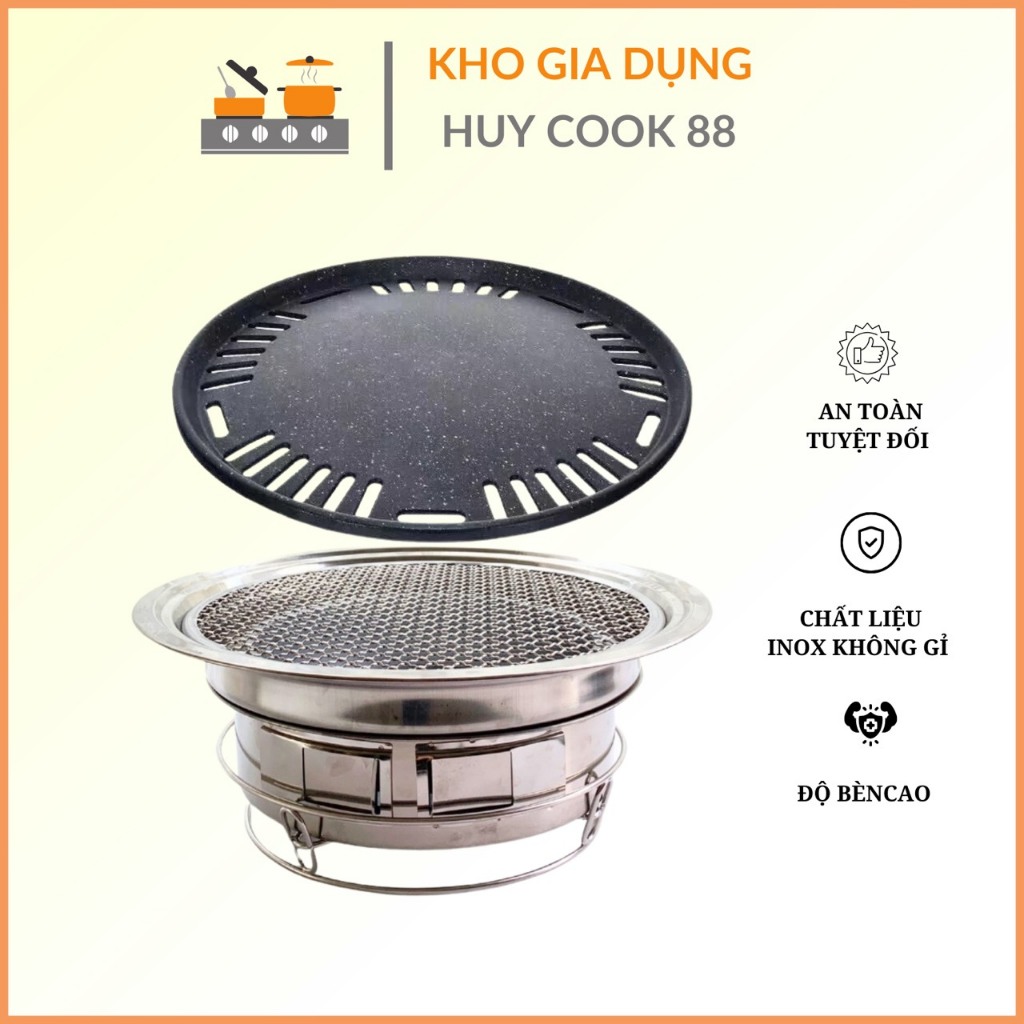 Bếp nướng than hoa bộ 2 loại vỉ (Có đế) inox304 Huycook88 chuyên dụng cho hàng quán và gia đình siêu bền sạch tiện dụng