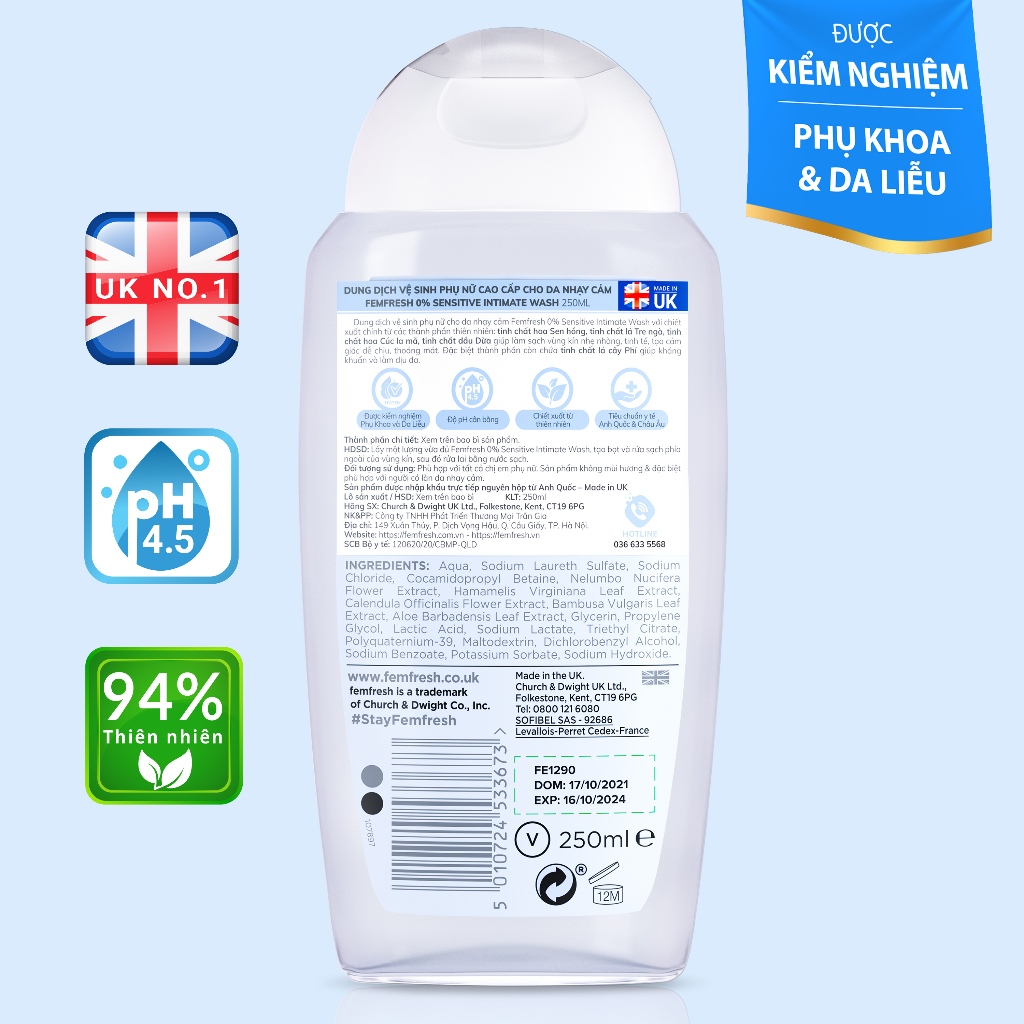 Femfresh Sensitive Wash 250ml  - Dung dịch vệ sinh cho da nhạy cảm