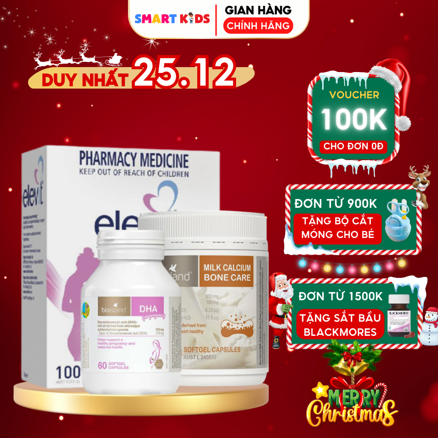 Combo Elevit bầu, DHA bầu và Bioisland Milk Canxi Bone Care chăm sóc sức khoẻ mẹ bầu giúp mẹ khoẻ bé thông minh