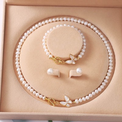 Bộ Trang Sức Ngọc Trai 6-7ly Charm Hình Bướm Khóa OT Xinh Xắn- Ngọc Trai Trường Thịnh
