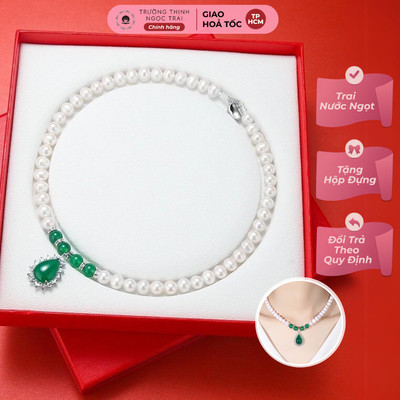 Vòng Cổ Ngọc Trai Trắng 8ly Mix Đá Mã Não Xanh - Ngọc Trai Trường Thịnh