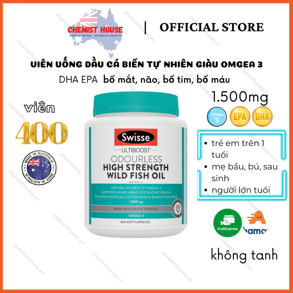 Viên uống dầu cá biển tự nhiên Omege 3 đã test thủy ngân - Swisse Odourless High Strength Wild Fish Oil 1500mg 400 viên