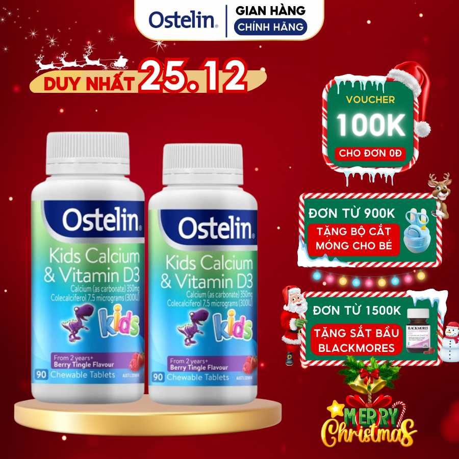 Combo hỗ trợ phát triển hệ xương, răng chắc khỏe cho trẻ Ostelin Kids Calcium & Vitamin D3 90 viên của Úc