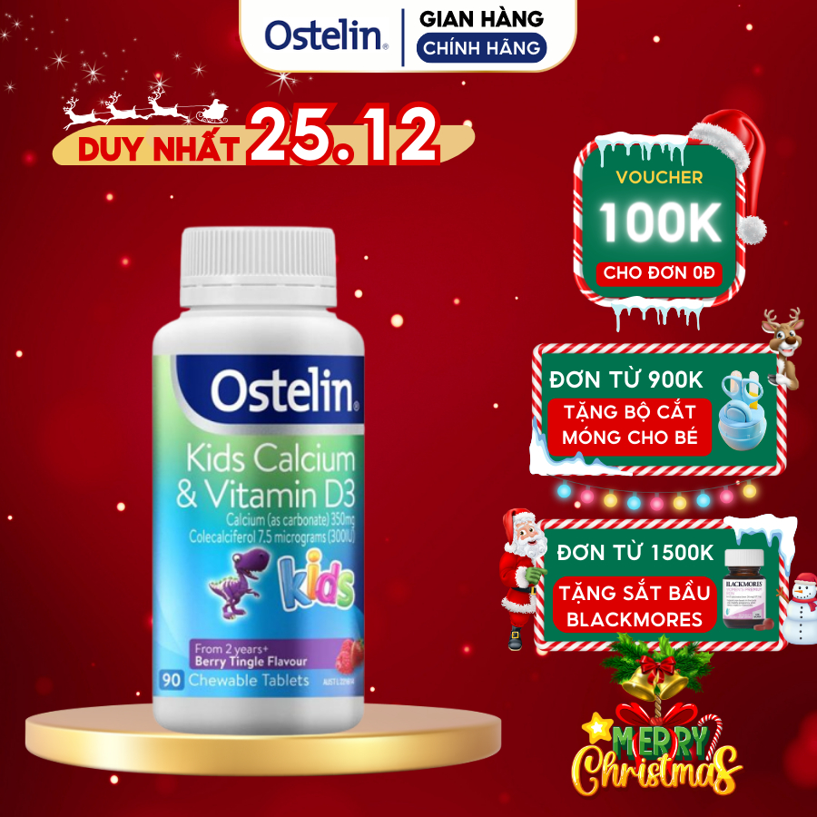 Canxi cho bé Ostelin Kids Calcium & Vitamin D3 90 viên giúp hỗ trợ hệ xương, răng chắc khỏe cho trẻ