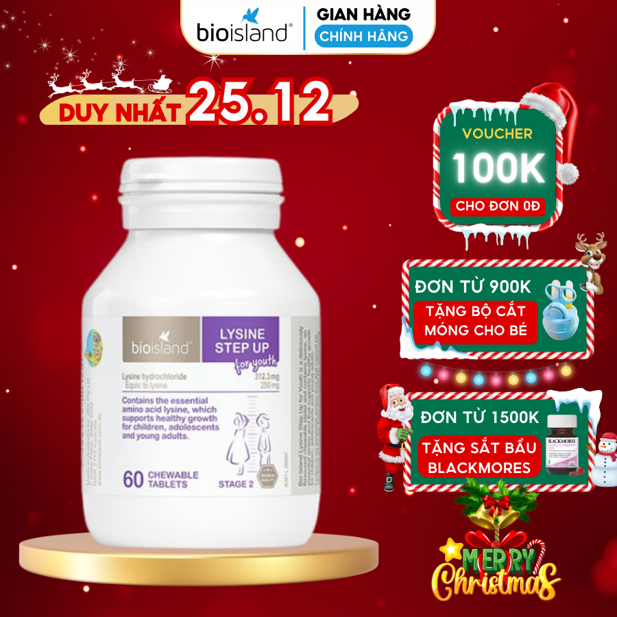 Tăng chiều cao cho trẻ từ 6 tuổi trở lên Bioisland Lysine Step Up For Youth 60 viên của Úc