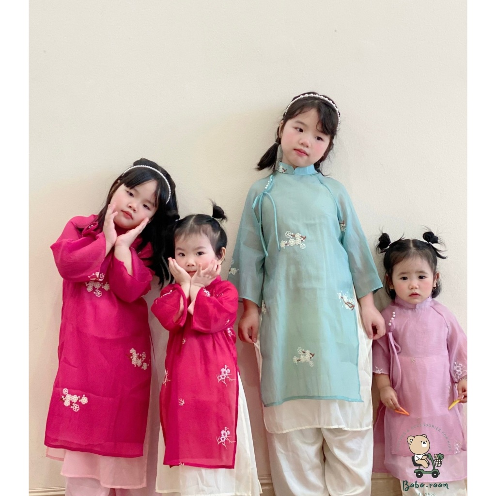 Áo dài tơ mềm cho bé nữ họa tiết hoa - Áo dài cho bé đón tết