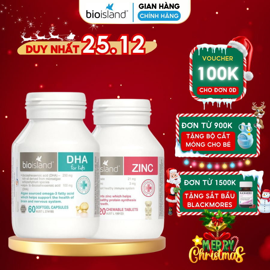 Combo giúp trẻ ăn ngon, phát triển trí tuệ DHA Bioisland và Kẽm BioIsland giúp bé phát triển toàn diện