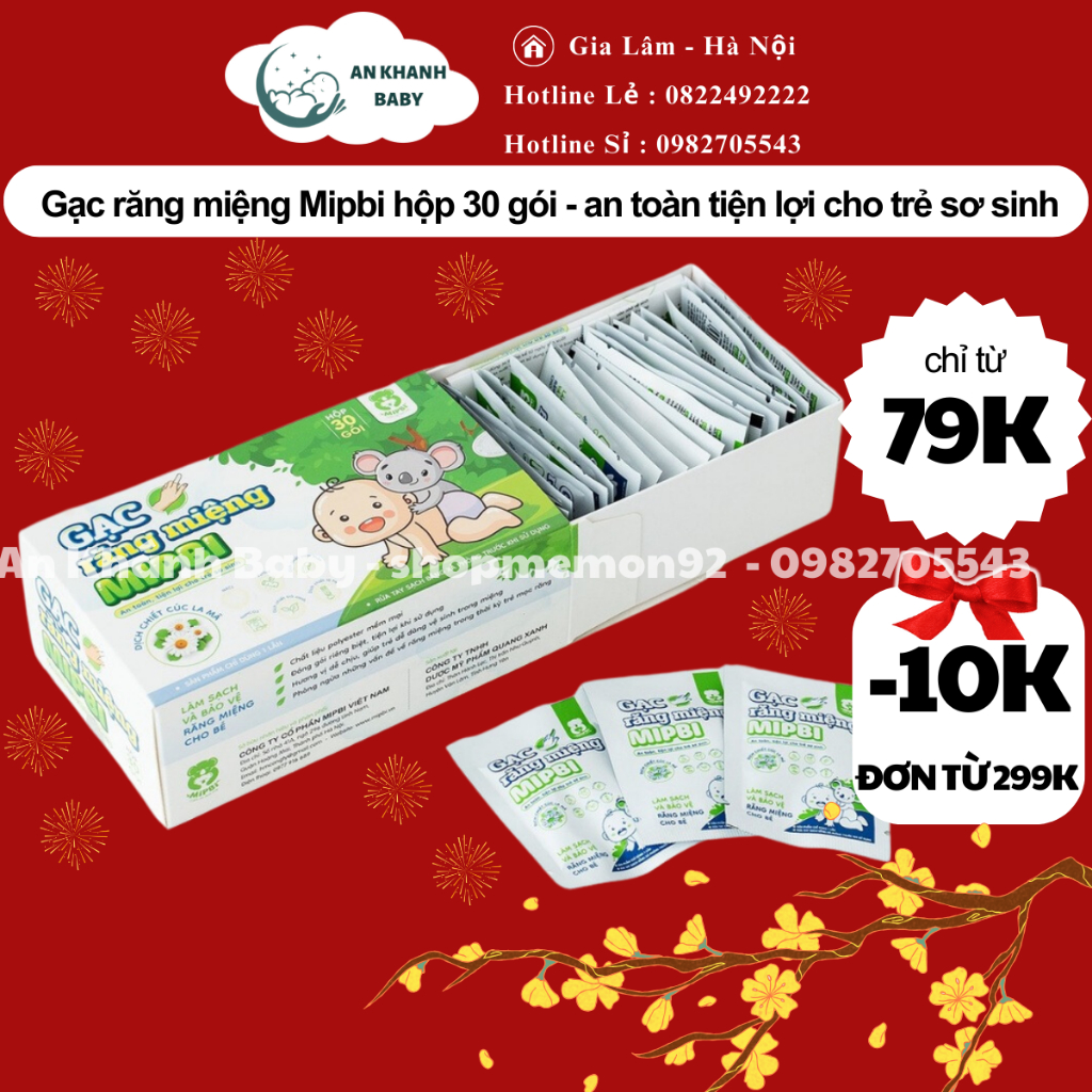 Gạc răng miệng Mipbi hộp 30 gói Rơ lưỡi Mipbi an toàn tiện lợi cho trẻ sơ sinh