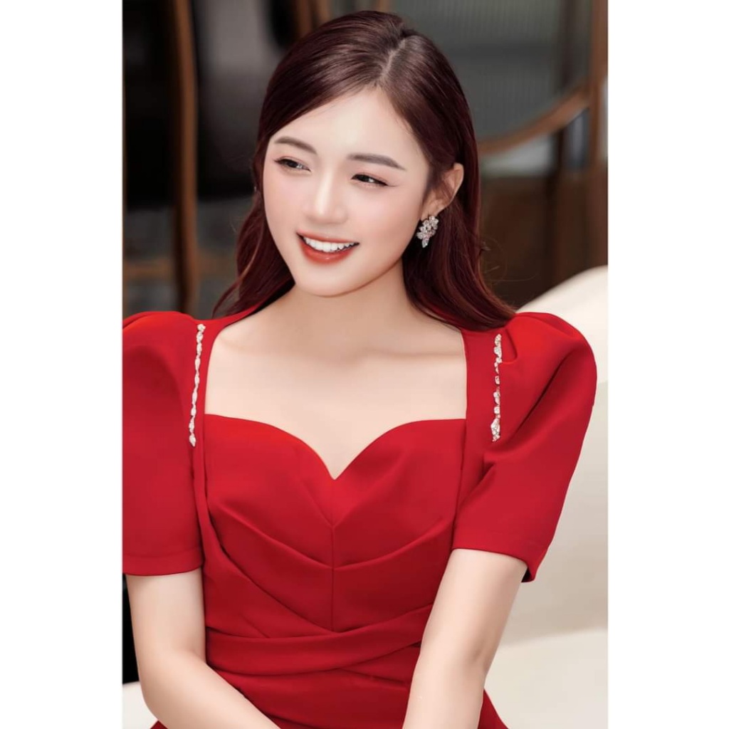 Váy đỏ tay bồng trẻ trung cup ngực V50