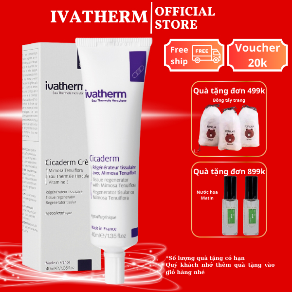 Kem dưỡng phục hồi da Cicaderm Ivatherm tuýp 40ml giúp làm lành tổn thương ngăn ngừa hình thành sẹo.