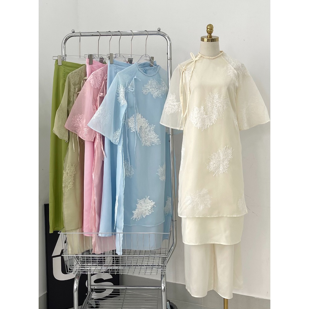 Set áo dài cách tân cổ thắt bính dáng suông thêu hoa tơ ren Ảnh thật/Sẵn