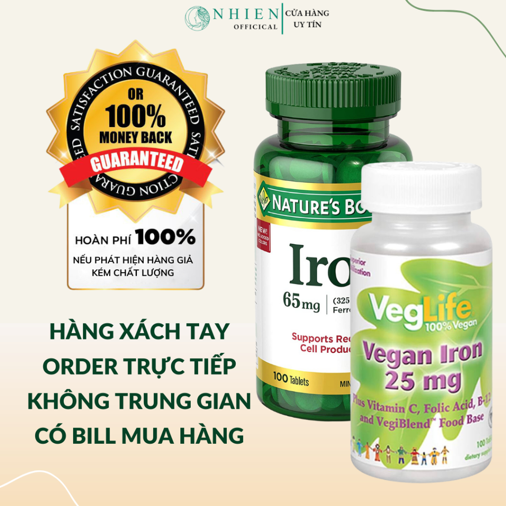 Viên uống sắt Iron 65mg bổ máu, giảm đau đầu, chóng mặt do thiếu máu 100 viên