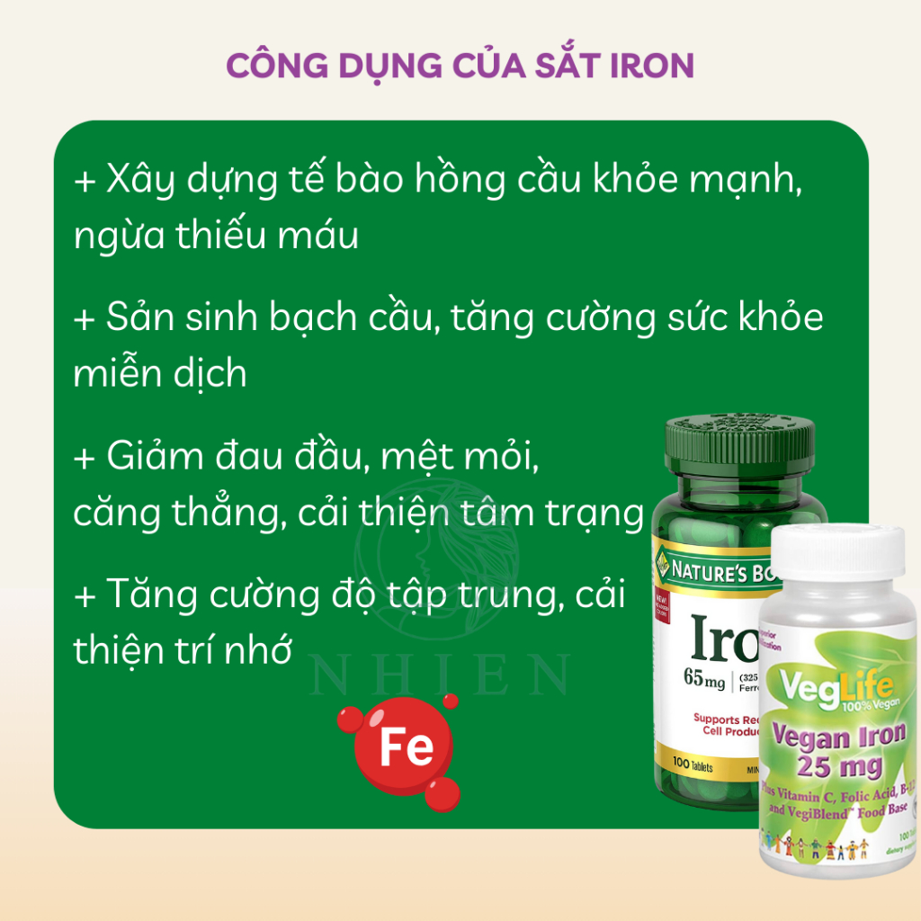 Viên uống sắt Iron 65mg bổ máu, giảm đau đầu, chóng mặt do thiếu máu 100 viên