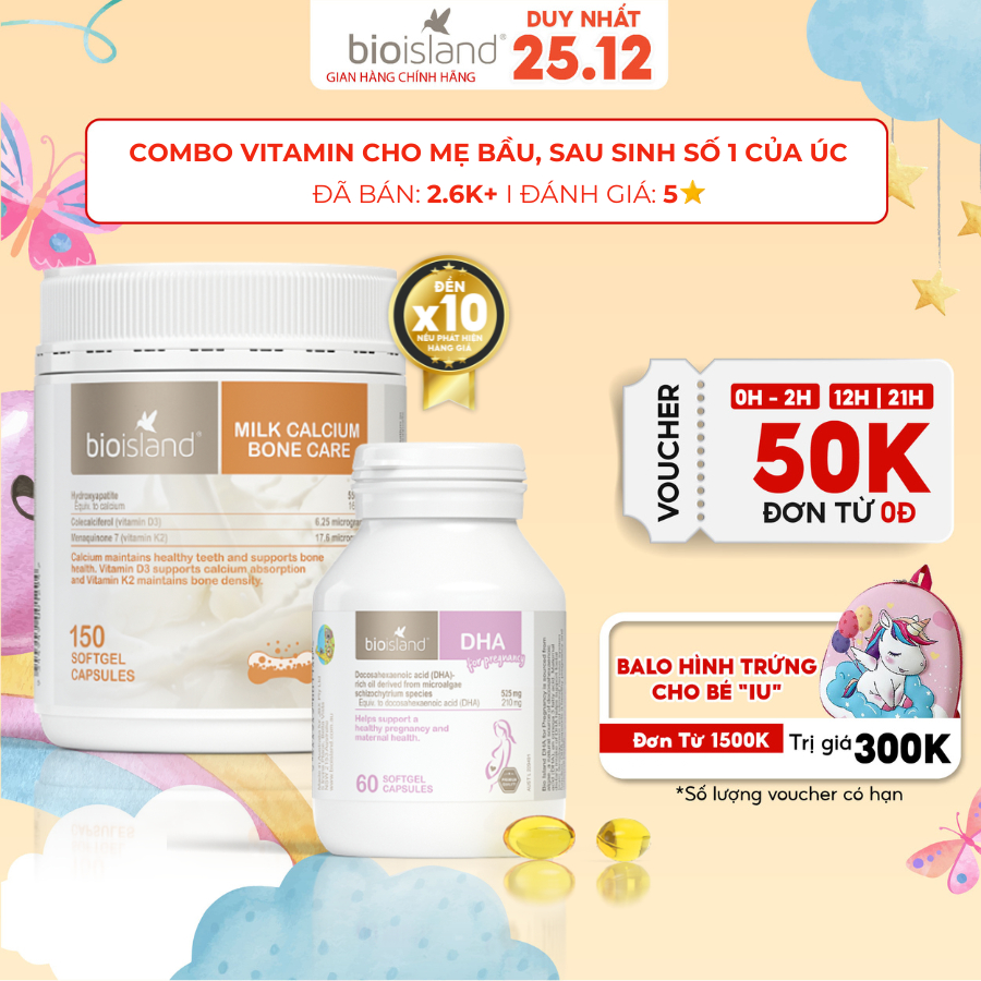 Combo vitamin DHA bầu và canxi sữa hữu cơ Bone Care Bioisland cho mẹ bầu, sau sinh giúp mẹ khỏe bé thông minh