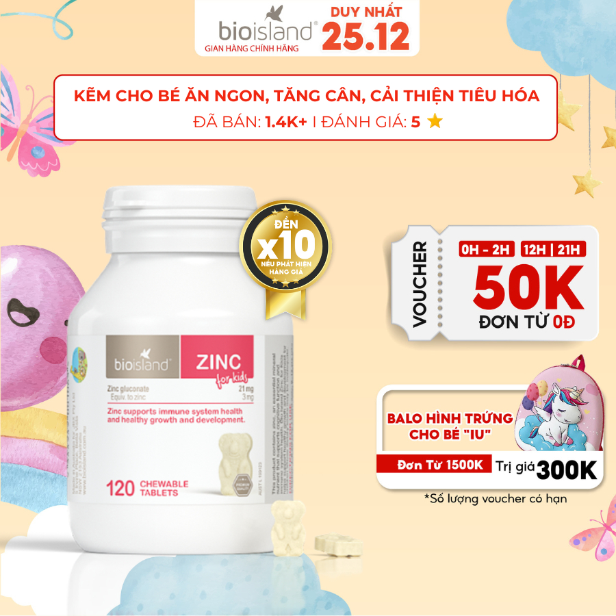 Viên nhai bổ sung kẽm Bio Island Zinc hỗ trợ tăng cường đề kháng, giúp bé phát triển toàn diện 120 viên của Úc
