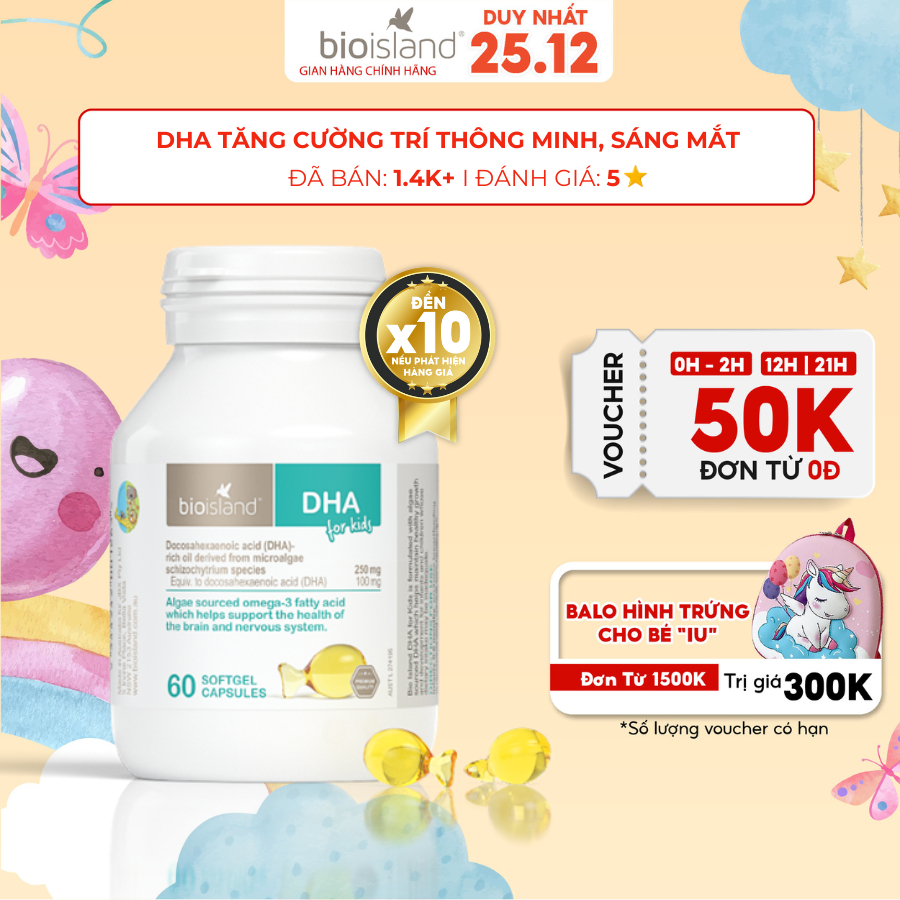 DHA cho bé Bio Island for Kids của Úc hỗ trợ tăng cường đề kháng và sự phát triển trí não của trẻ 60 viên
