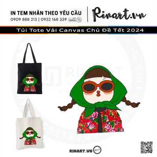 Túi tote vải in hình cô gái tết đỏ xưa cực hot trend