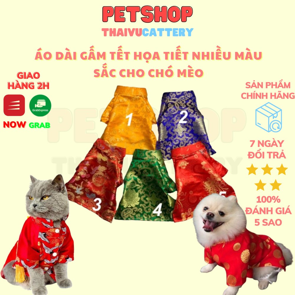 Áo dài gấm hoạ tiết cho thú cưng - Đồ tết cho chó mèo vải loại đẹp cao cấp - Thaivucattery
