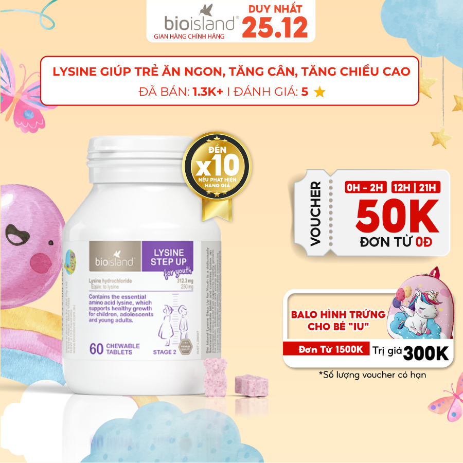 Viên uống tăng chiều cao cho bé Bio Island Lysine Step Up For Youth 60 viên của Úc cho trẻ từ 6 tuổi trở lên