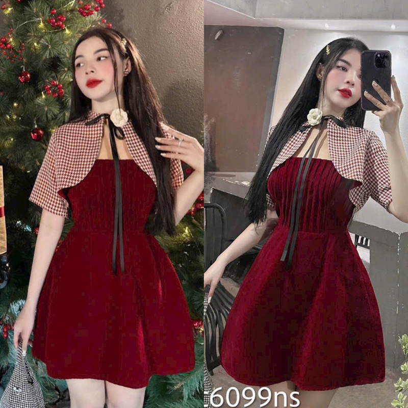 Set Đầm Nhung Hai Dây Cúp Xếp Ly Ngực Dáng Ngắn Xoè + Khoác Dạ Kaki Sọc Tay Ngắn Phối Hoa