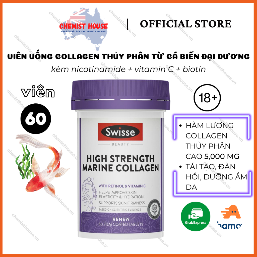 Viên uống Marine Collagen Thủy Phân Từ Vảy Cá Biển Sâu - Swisse Beauty High Strength Collagen 60 Tablets
