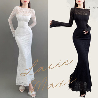 Lacie - Đầm maxi ren nhung nổi Pháp form đuôi cá tay dài siêu sang chảnh, có độ co giãn